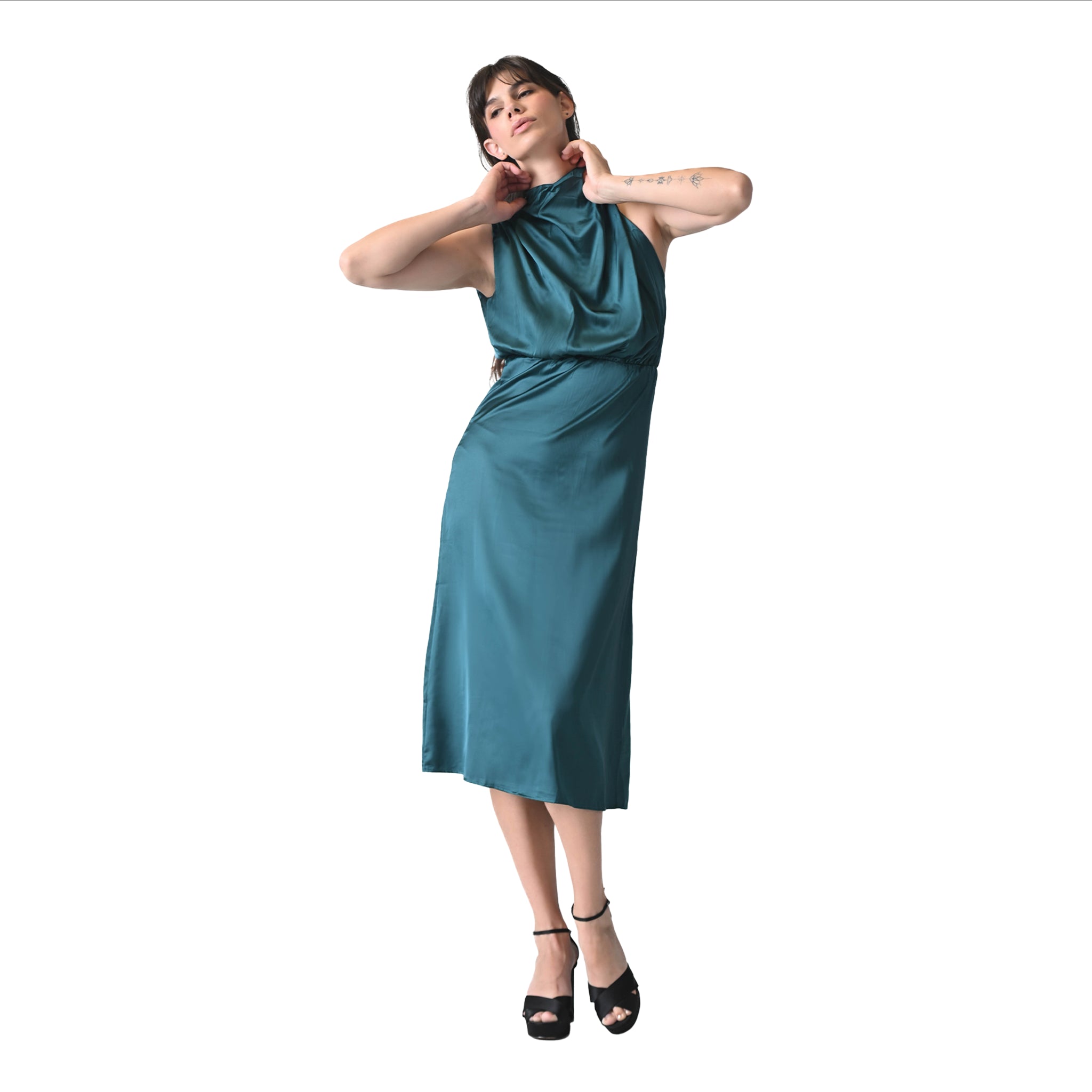 玛丽莲橄榄色缎面吊带裙