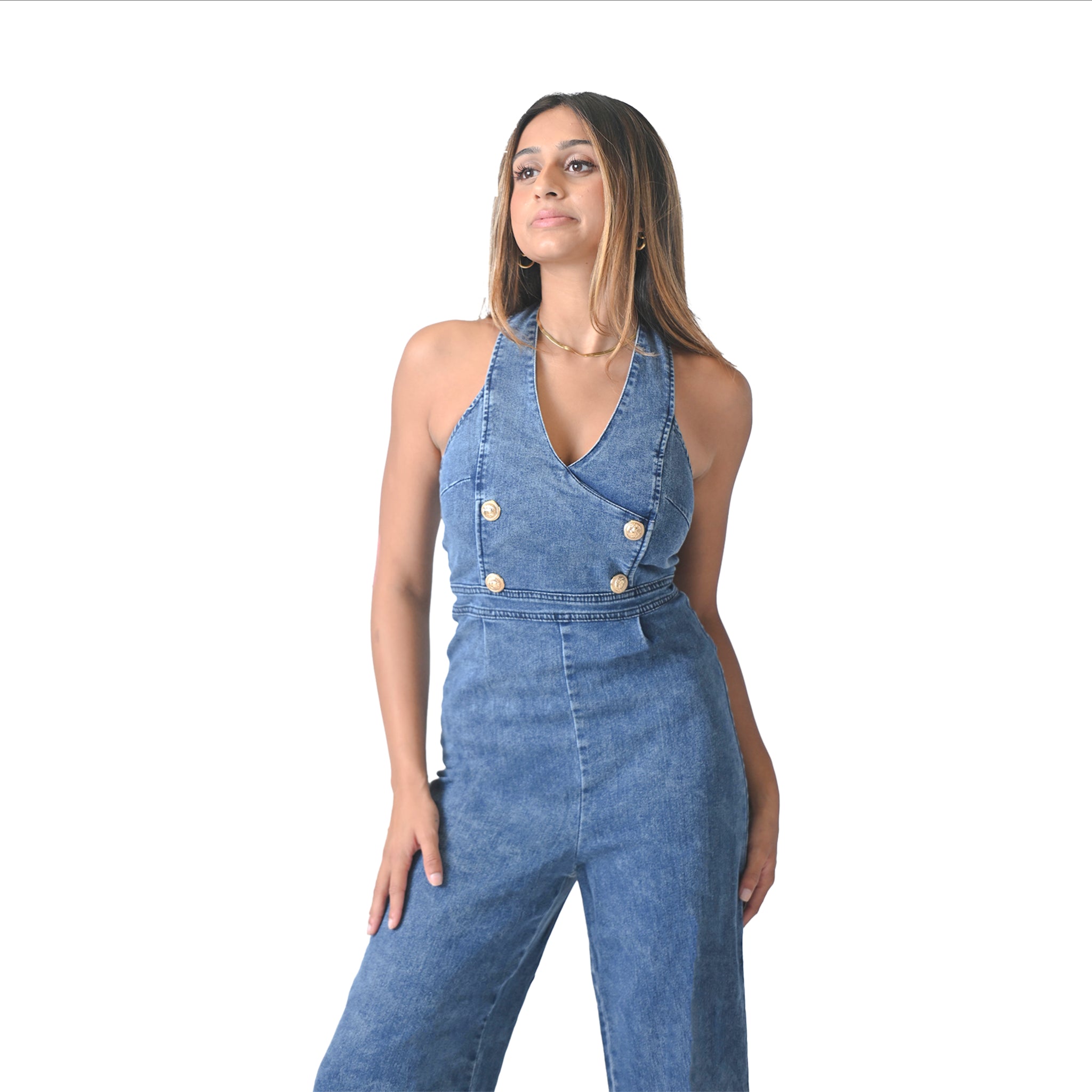 复古水洗蓝色牛仔吊带连体裤