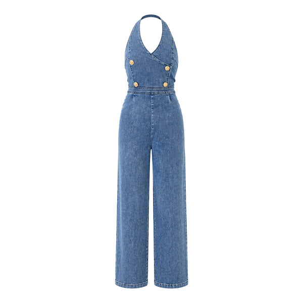 Retro Denim Washed Blue Halter Jumpsuit