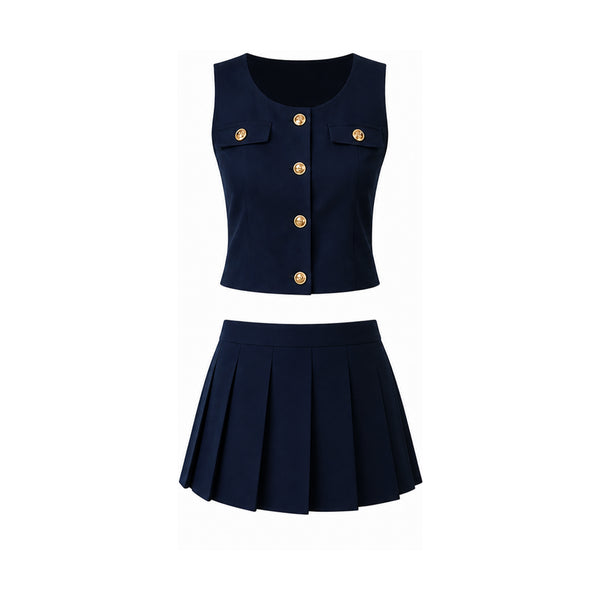 Romanza Rhapsody Navy Peplum Top & Pleated Mini Skirt Set