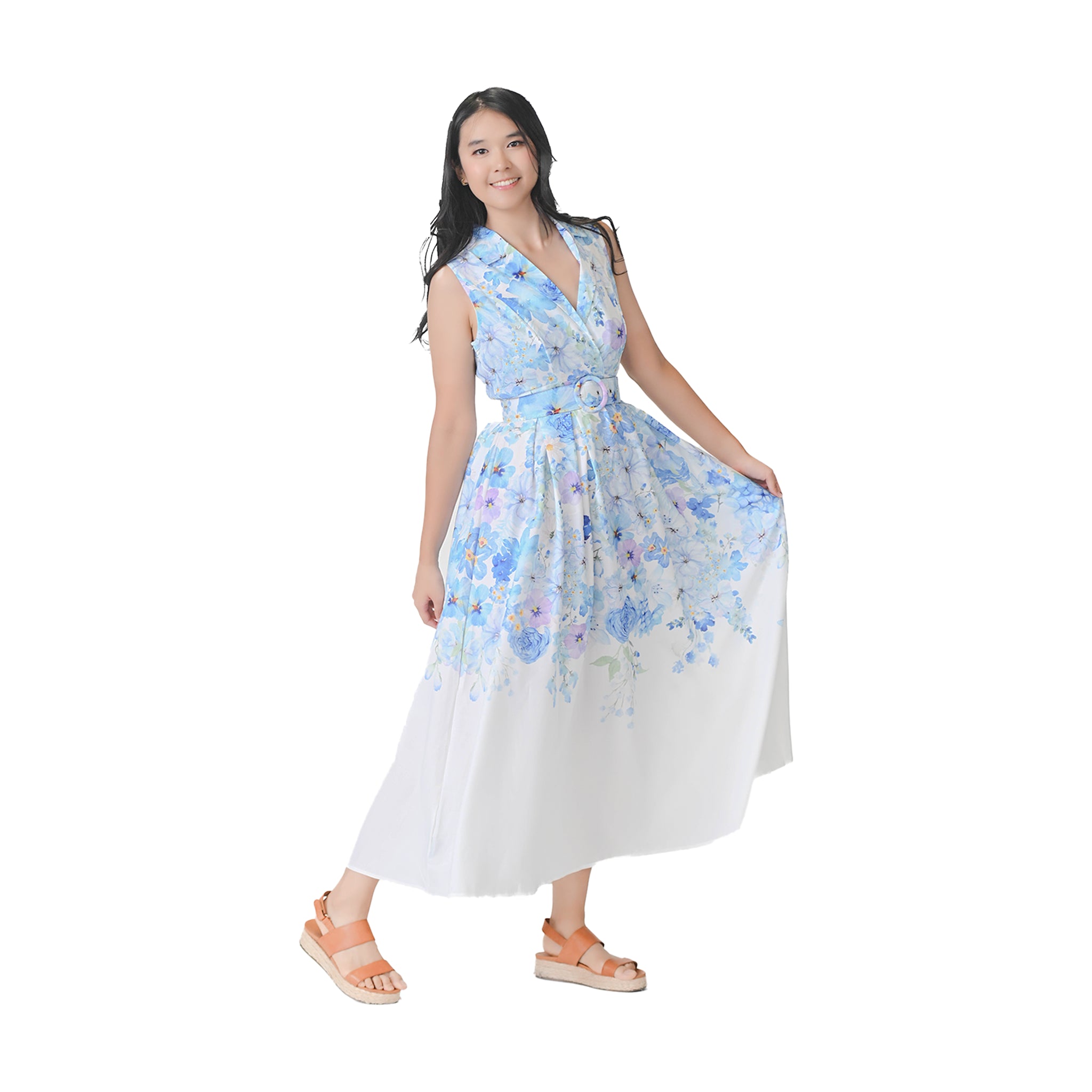 Oceanique水彩蓝色花卉连衣裙