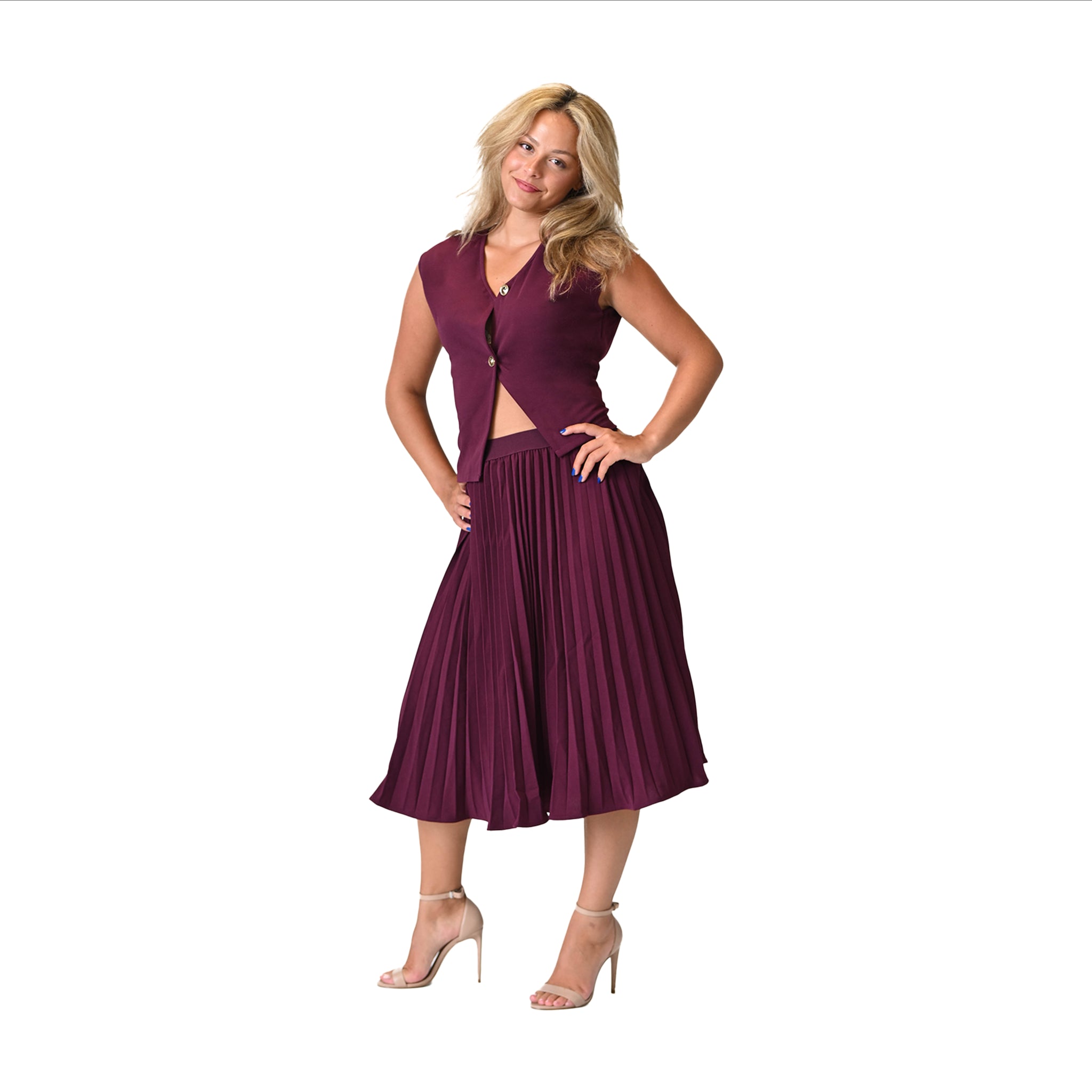 La Rouge 褶皱李子色中长裙套装