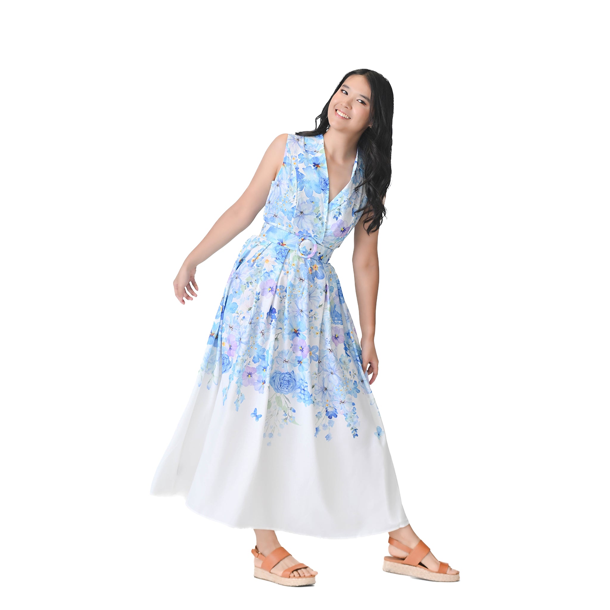 Oceanique水彩蓝色花卉连衣裙