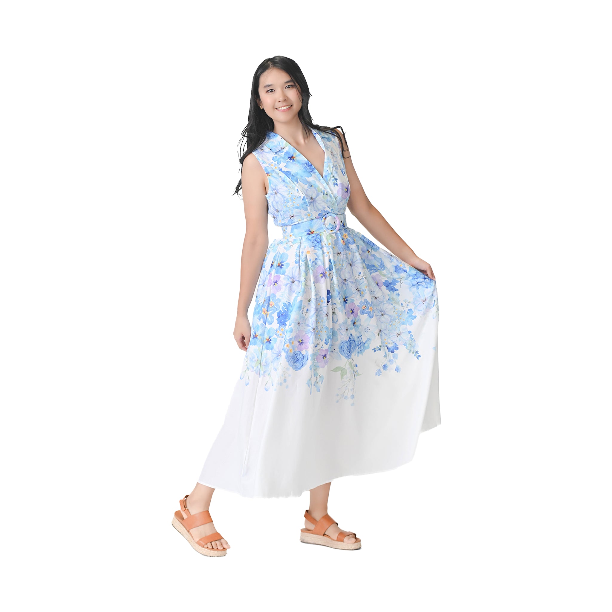 Oceanique水彩蓝色花卉连衣裙