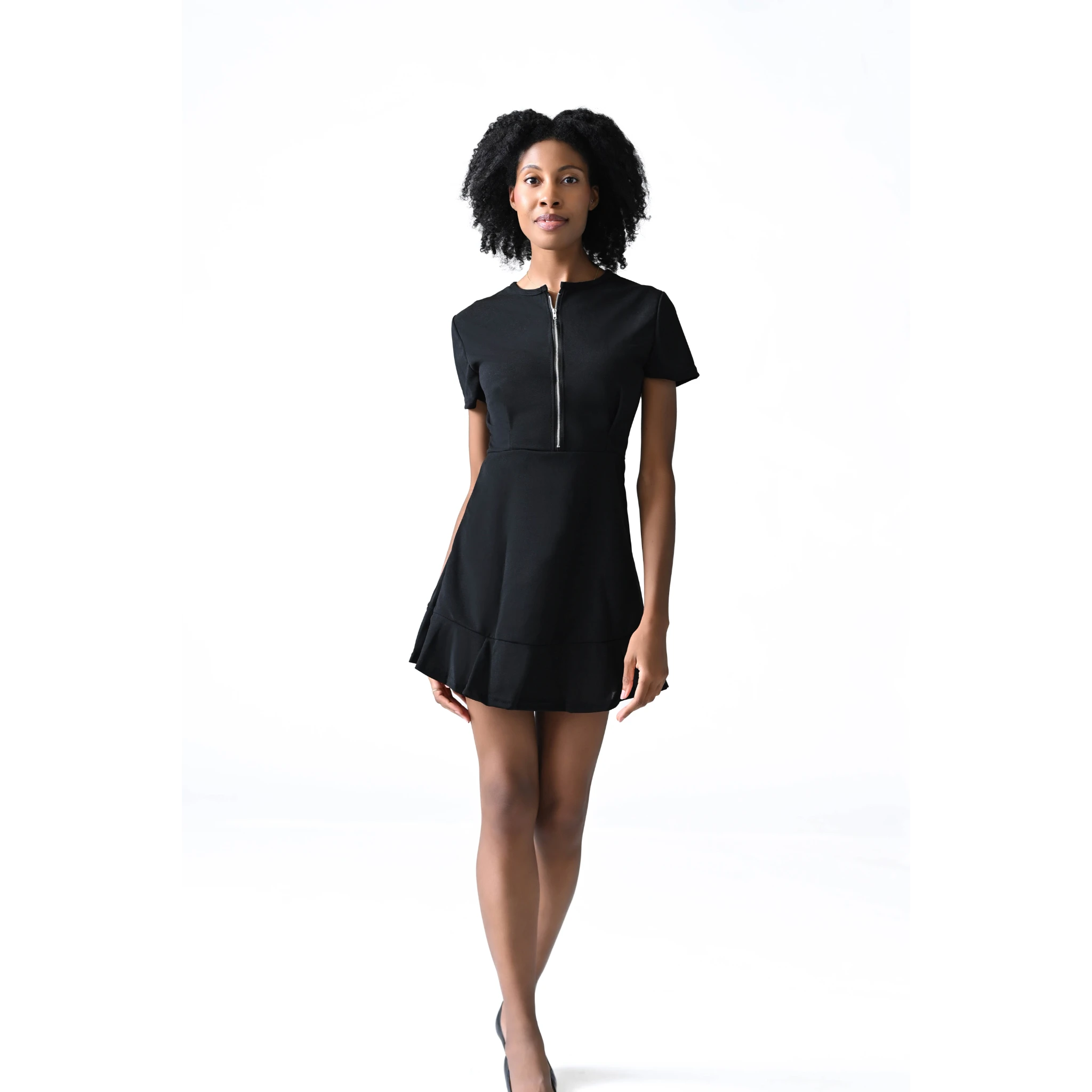 Ruffle Code Black Zippered Mini Dress