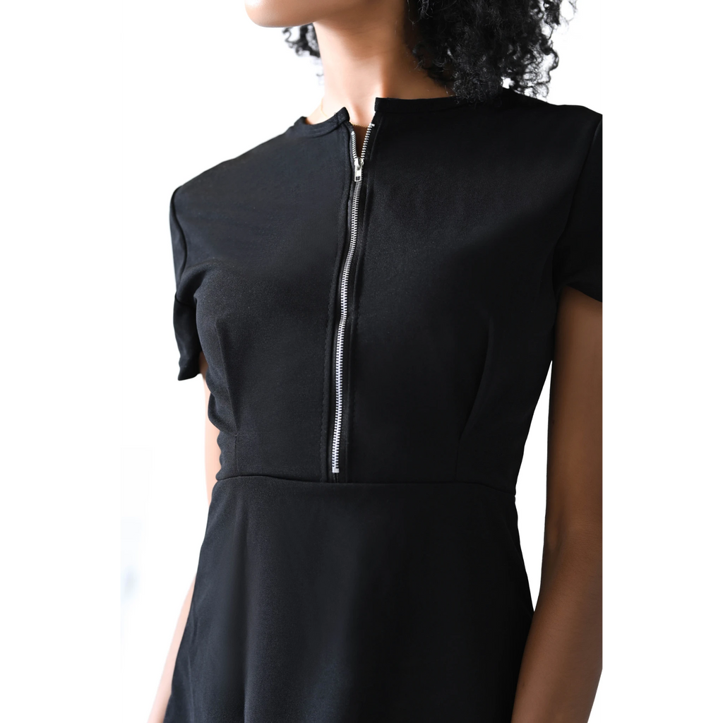 Ruffle Code Black Zippered Mini Dress