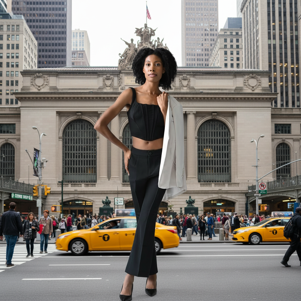Woman posing in front of Grand Central Station with yellow taxis in the background