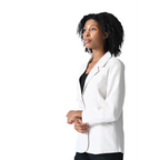 Woman wearing a white blazer on a white background