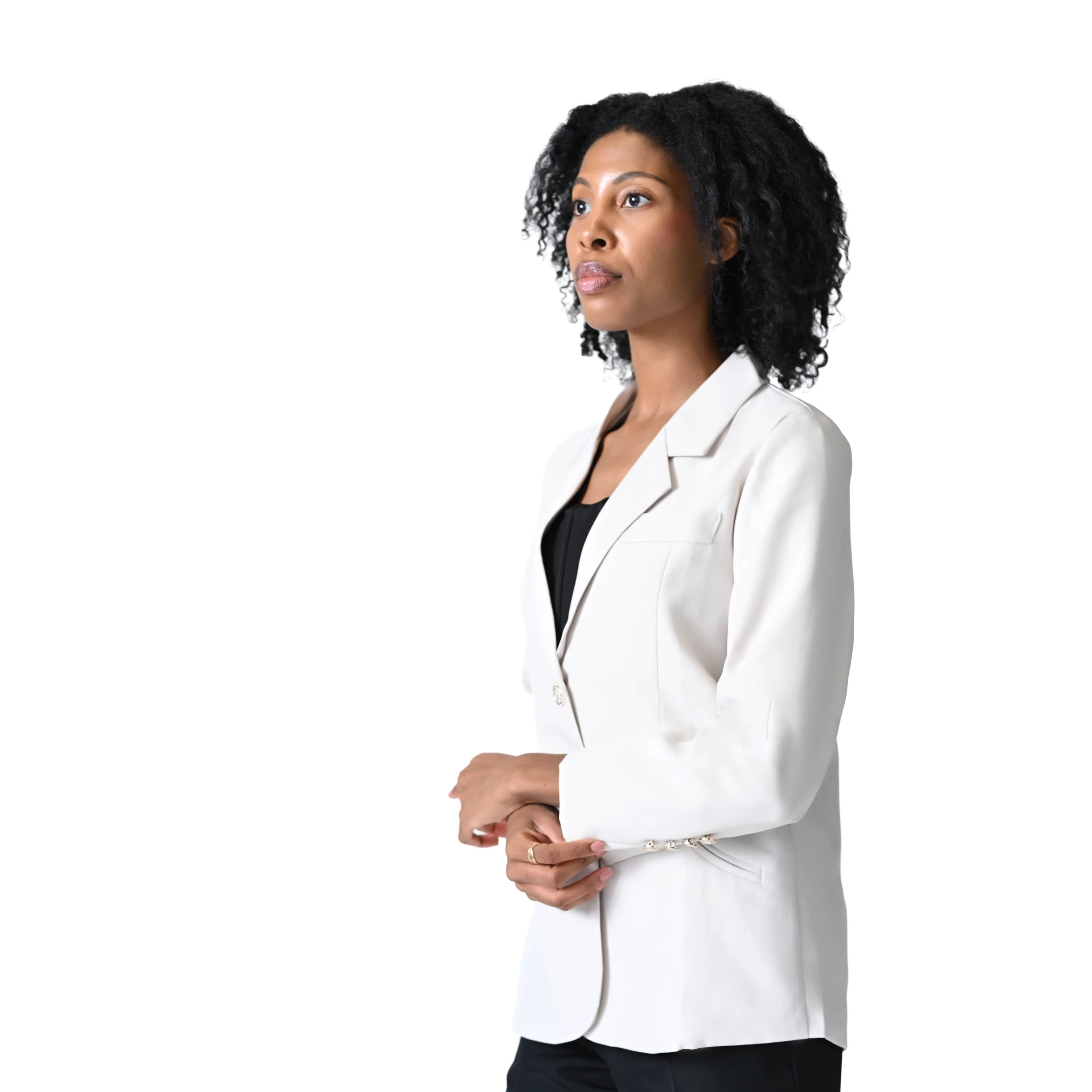Woman wearing a white blazer on a white background