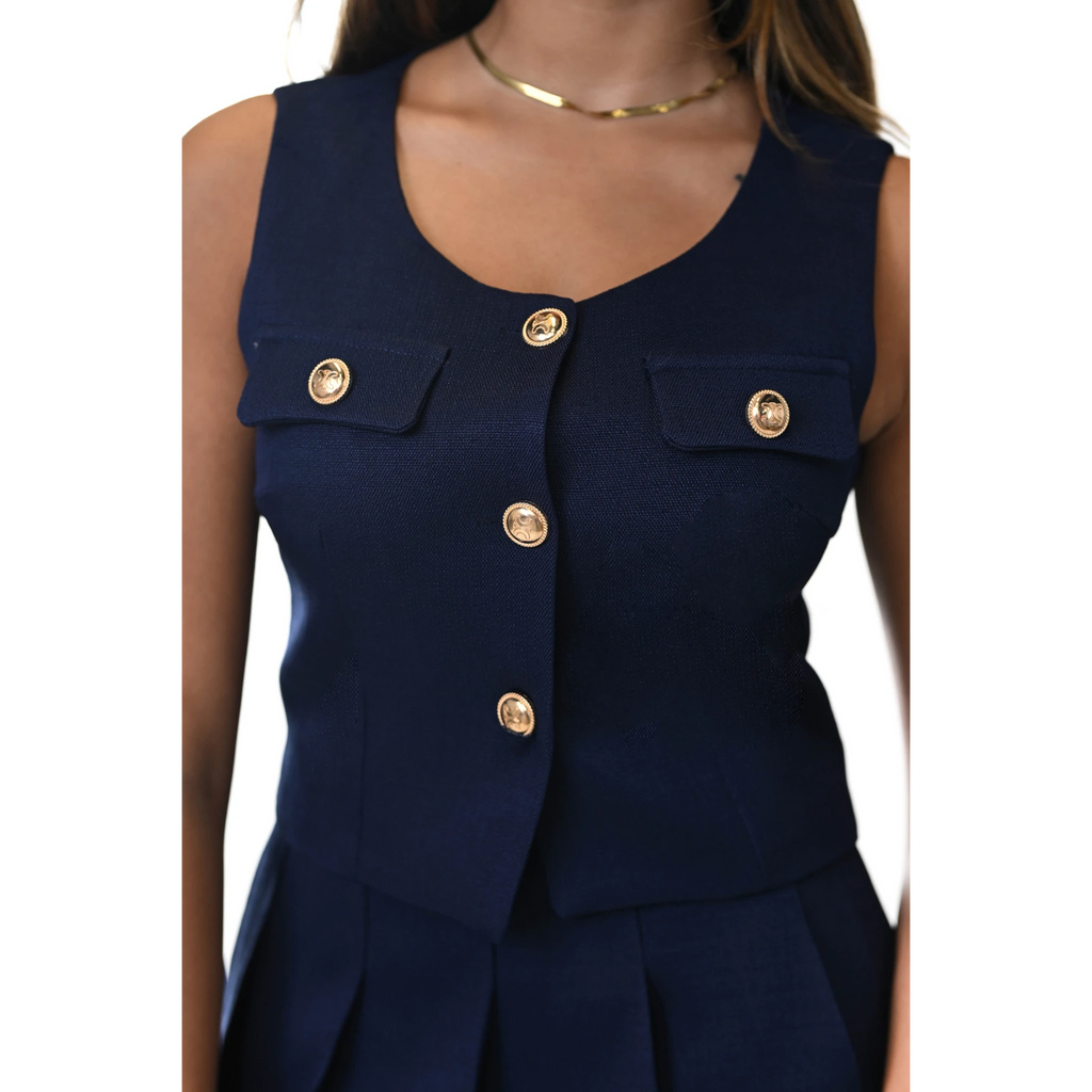 Romanza Rhapsody Navy Peplum Top & Pleated Mini Skirt Set