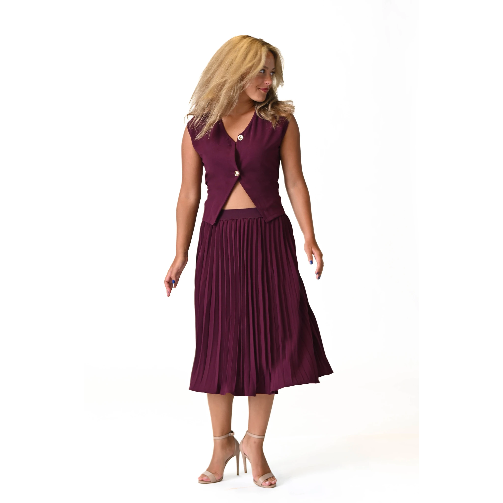 La Rouge Pleated Plum Midi Skirt Set