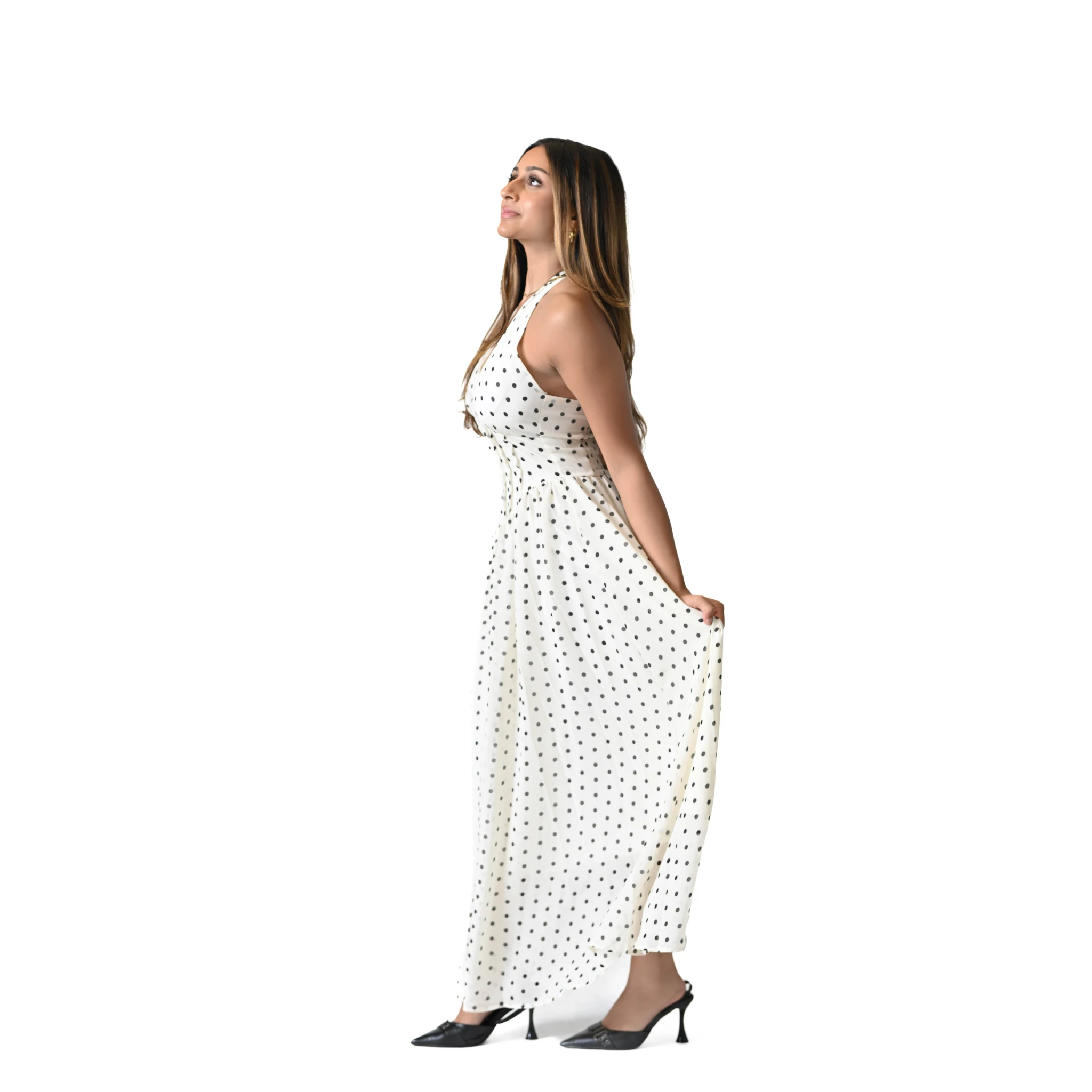 The Nostalgique Ivory & Black Polka Dot Halter Dress