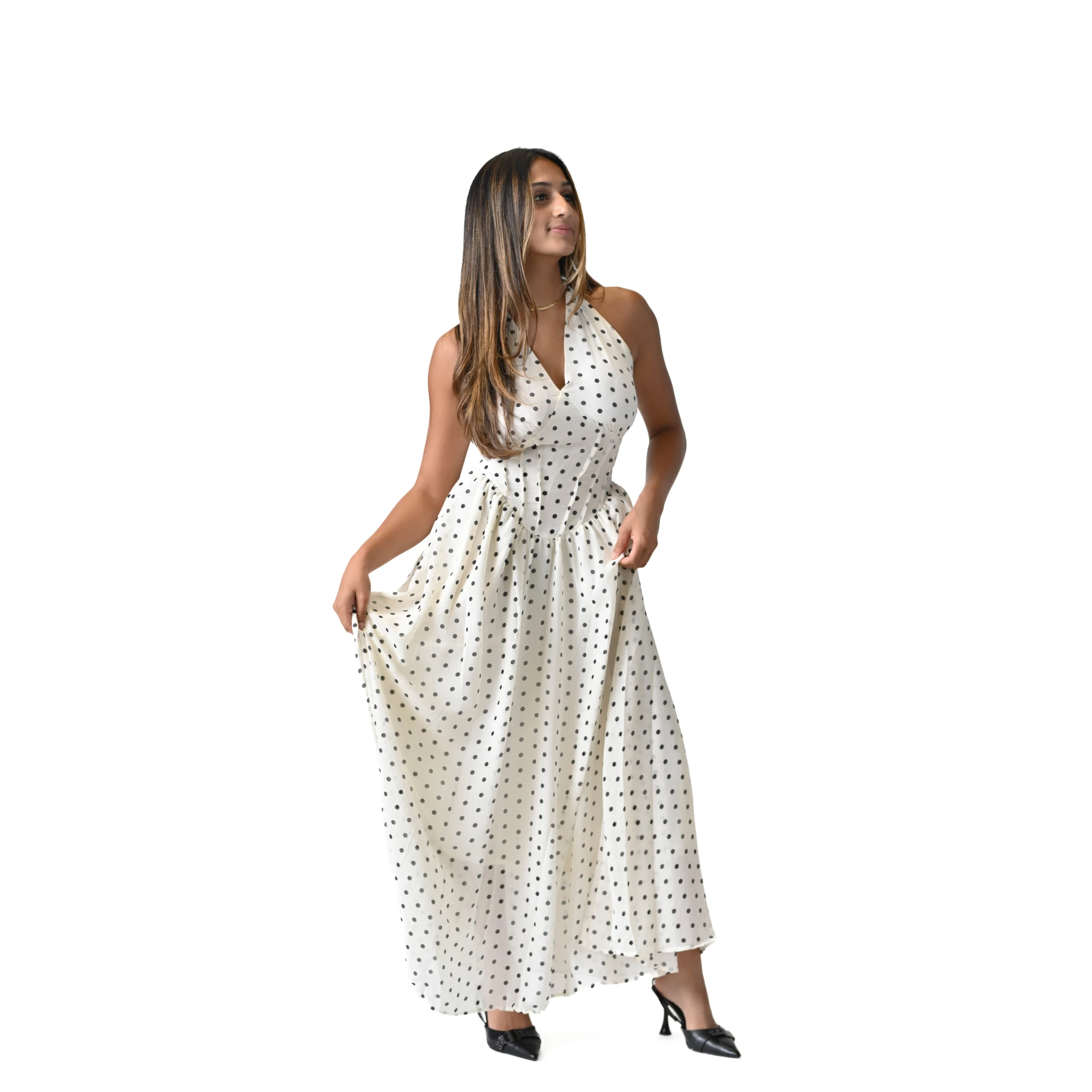 The Nostalgique Ivory & Black Polka Dot Halter Dress