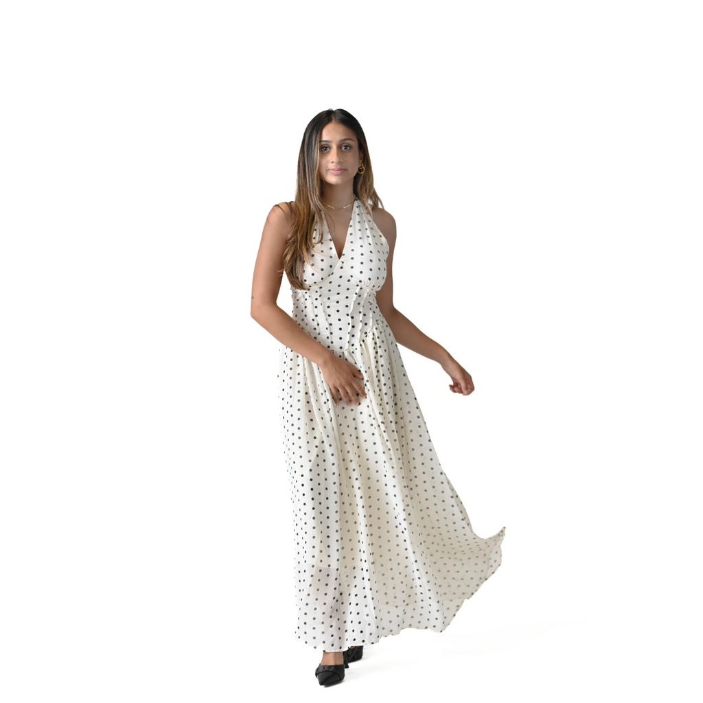 The Nostalgique Ivory & Black Polka Dot Halter Dress
