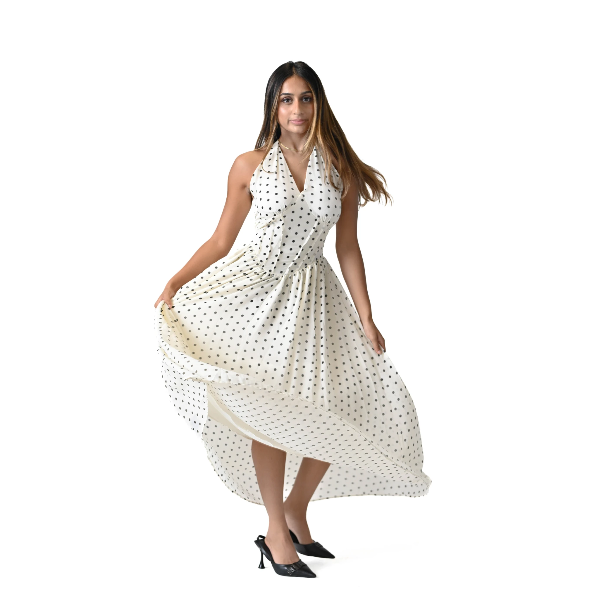 white and black polka dot halter dress Backless Neck Maxi Halter neckline Sola Cowl Polka Dot Mini