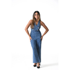 Retro Denim Washed Blue Halter Jumpsuit