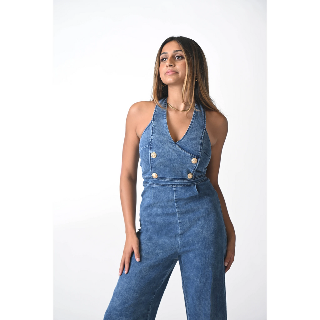 Retro Denim Washed Blue Halter Jumpsuit