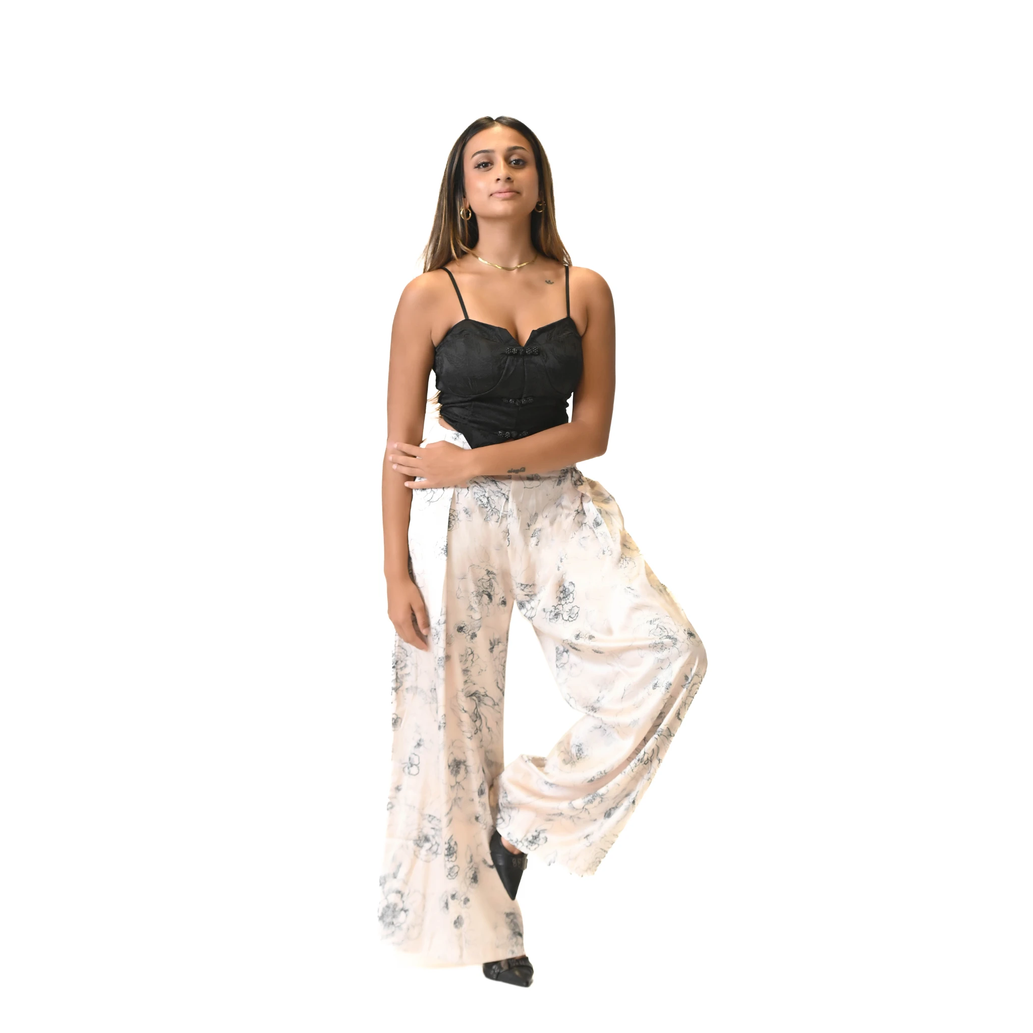 Twilight Bloom Black Top and Floral Maxi Skirt