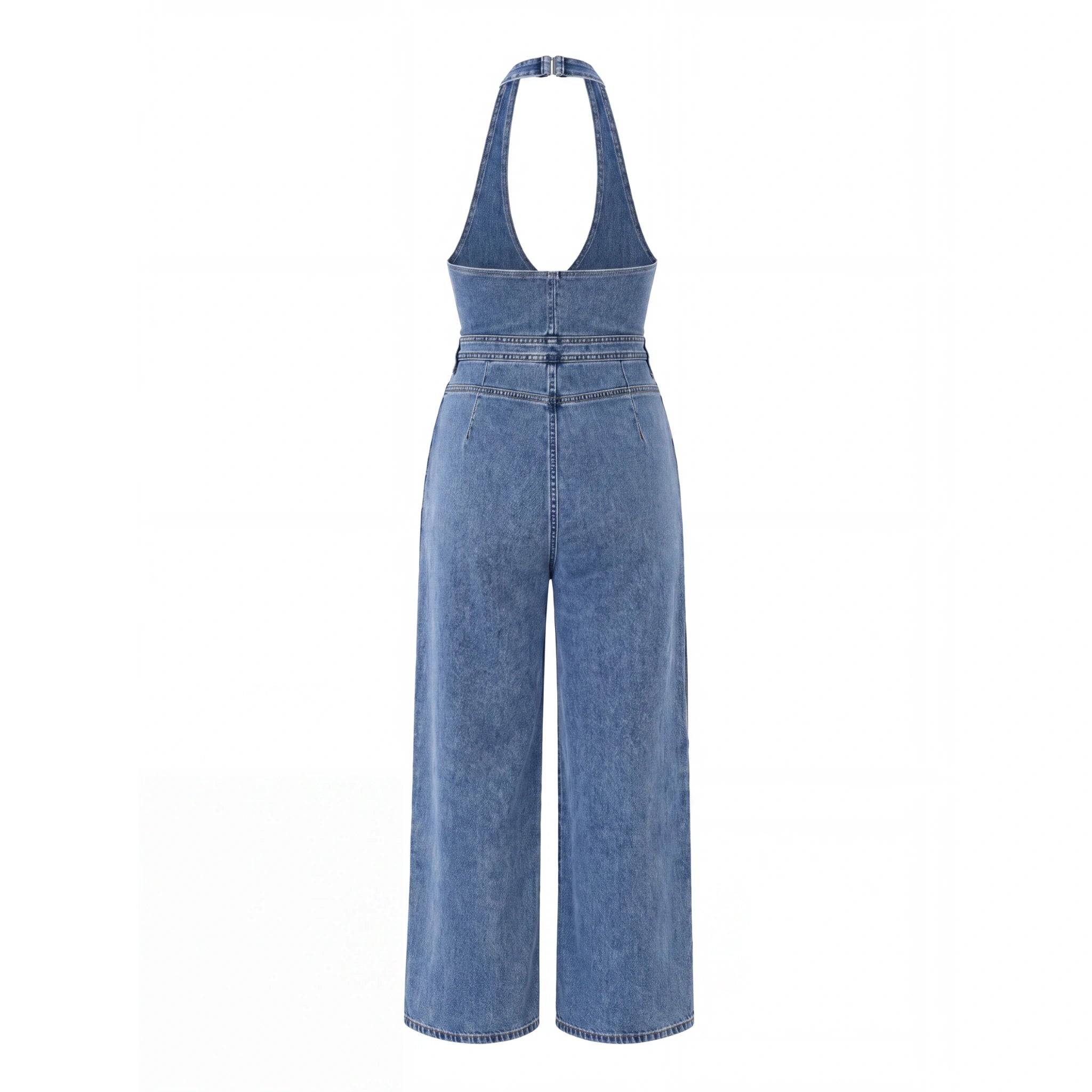Retro Denim Washed Blue Halter Jumpsuit